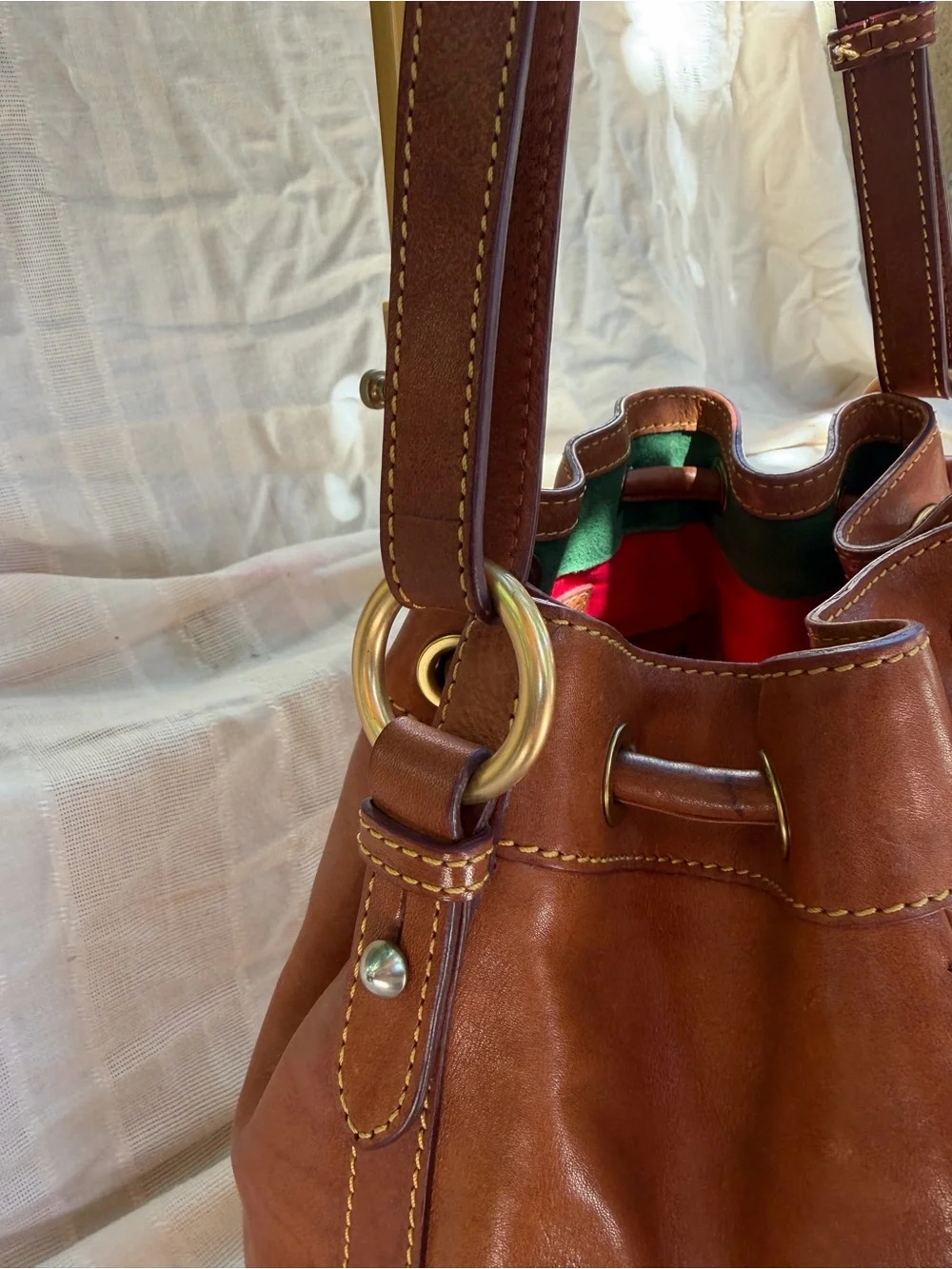 Dooney & Bourke Brown Leather Drawstring Bucket Shoulder Bag